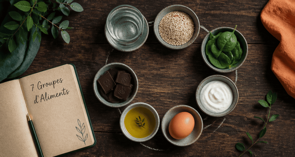 les 7 groupes d aliments tableau en bols sur table