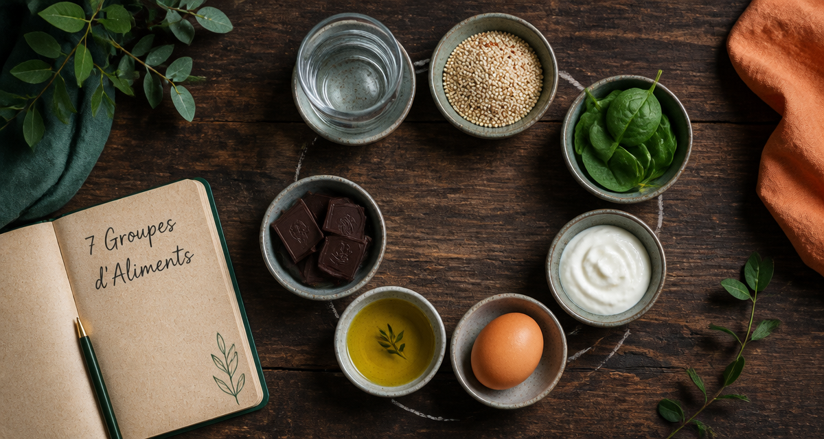 les 7 groupes d aliments tableau en bols sur table
