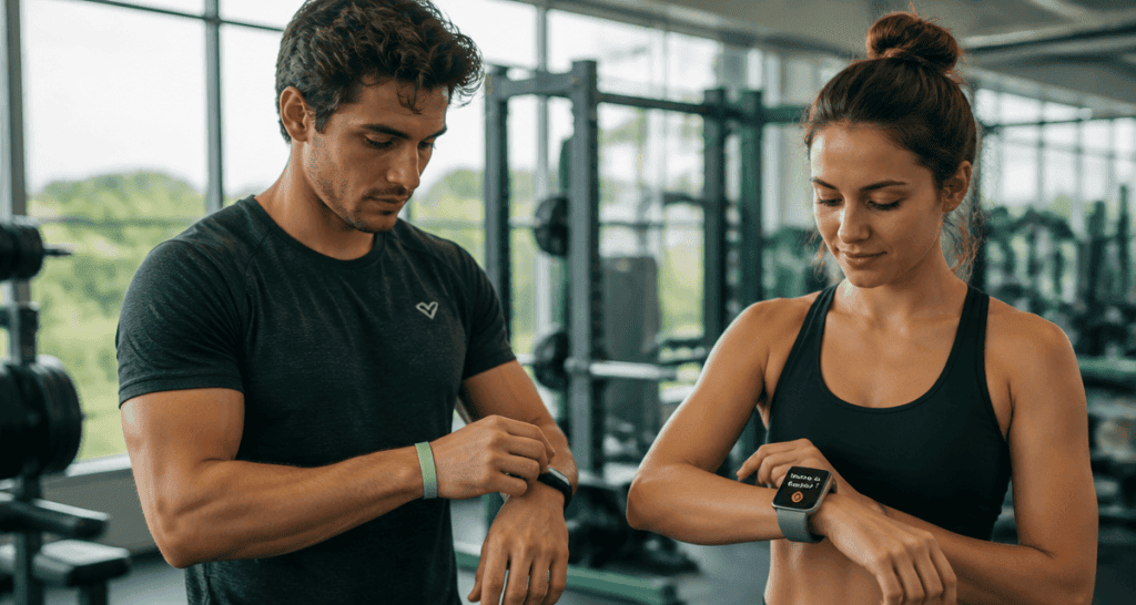 montre connectée ou bracelet sur poignet en salle de sport
