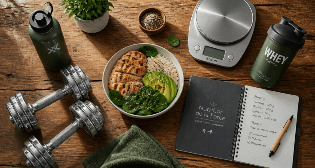 nutrition de la force bol post-workout haltères balance carnet