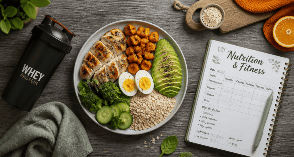 Nutrition pour la musculation, assiette équilibrée et shaker