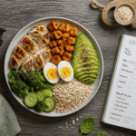 Nutrition pour la musculation, assiette équilibrée et shaker