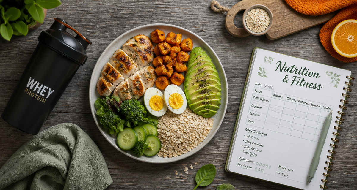 Nutrition pour la musculation, assiette équilibrée et shaker