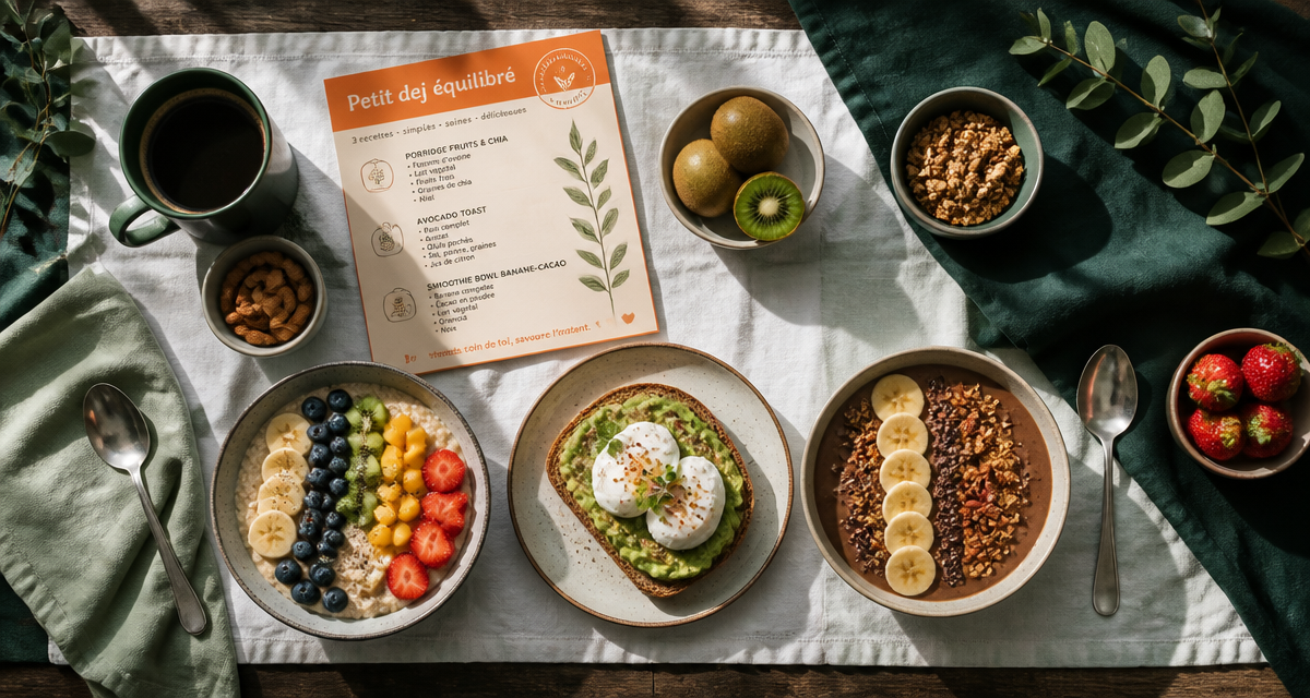 Petit dej équilibré recette avec porridge, avocado toast et smoothie bowl