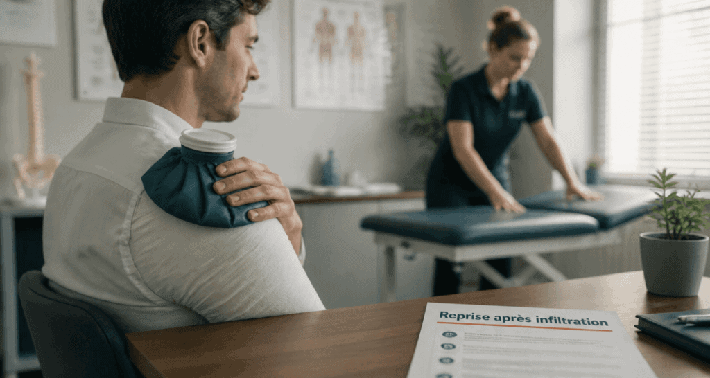 peut on travailler apres une infiltration de l'épaule, patient reposant avec bandage