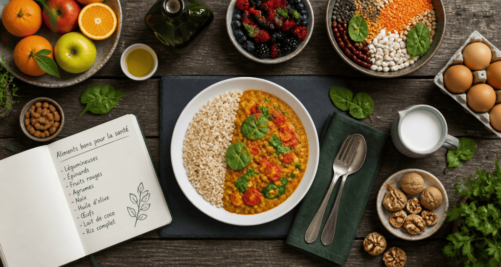 assiette curry lentilles et aliments bons pour la santé