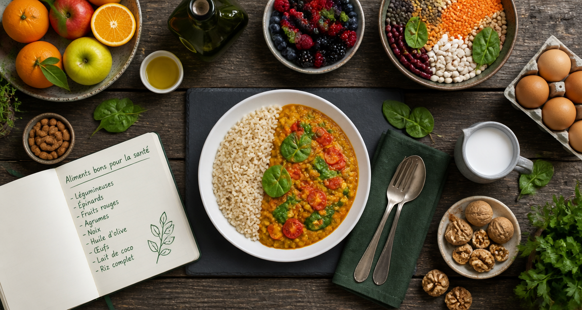assiette curry lentilles et aliments bons pour la santé