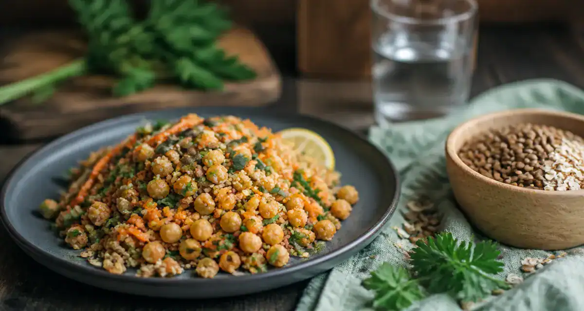 Aliments contenants des fibres : assiette quinoa, pois chiches et lentilles