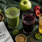 Boisson riche en fibre maison sur table avec fruits