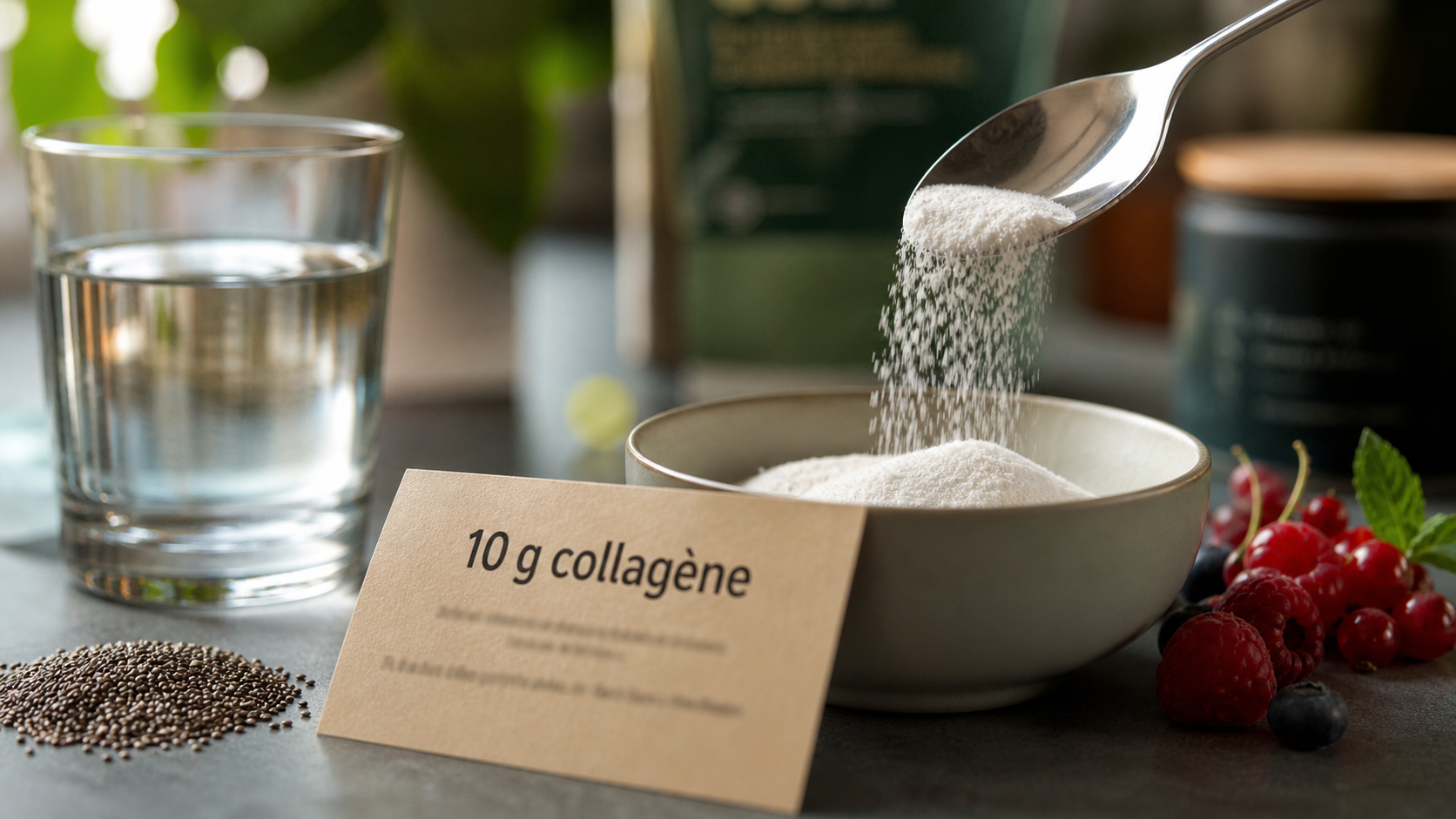 Combien de collagene par jour : dose de collagène en cuisine, poudre dans un bol