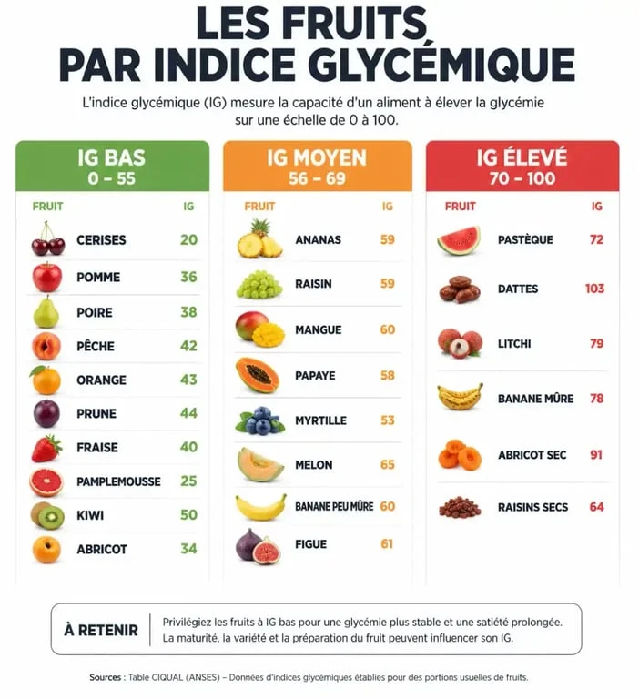 Infographie classant les fruits selon leur indice glycémique pour une alimentation équilibrée