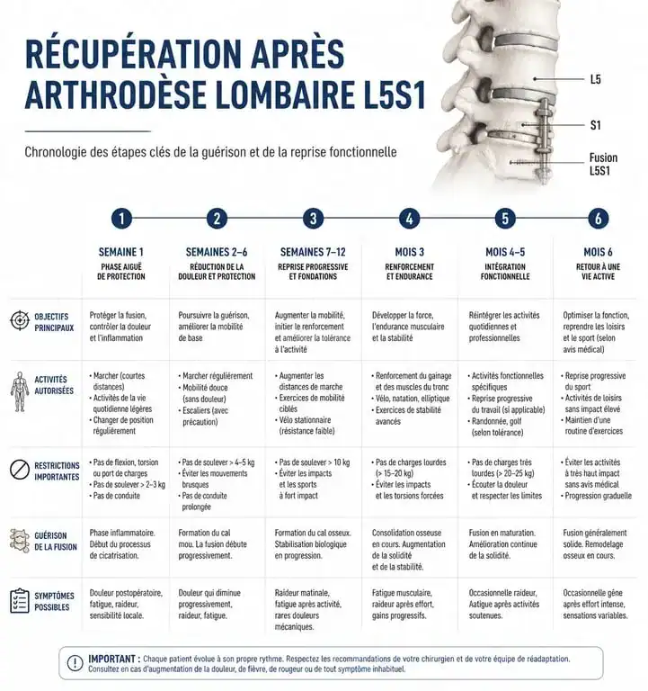 Infographie des étapes de la convalescence après une arthrodèse lombaire L5S1