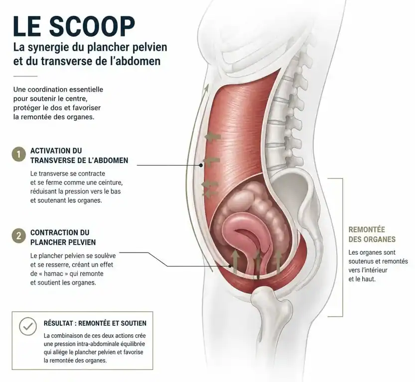 Schéma explicatif de la technique du scoop en kinésithérapie périnéale pour la rééducation du plancher pelvien