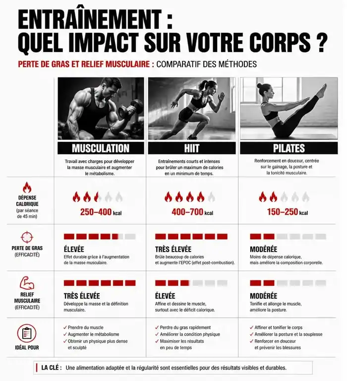 Infographie comparative des méthodes pour avoir des abdos rapidement : musculation, HIIT et Pilates