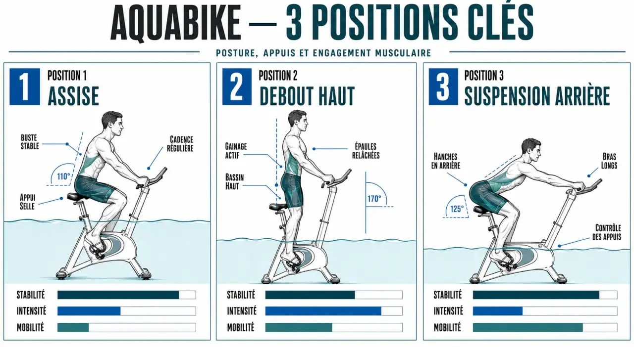 Infographie des trois positions pour une séance aquabike efficace