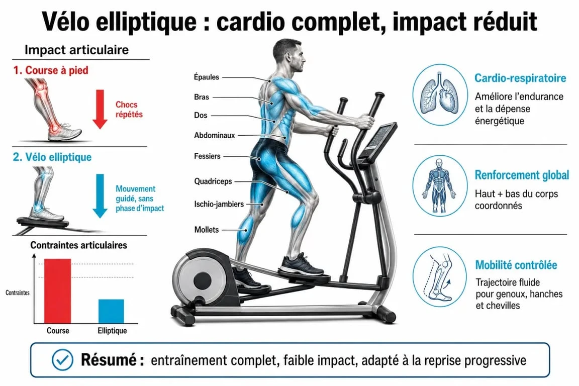 Infographie des bienfaits du vélo elliptique avis kiné pour la santé articulaire