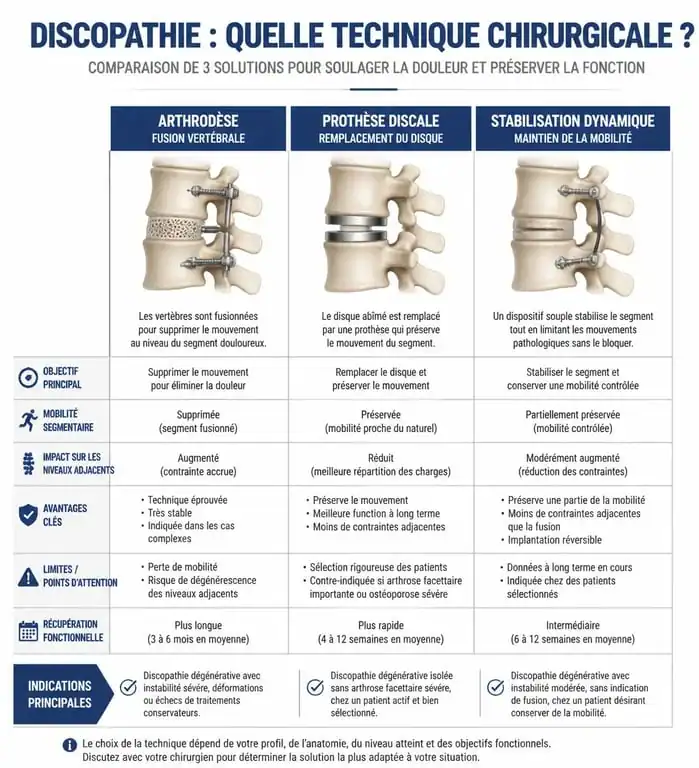 Comparatif des techniques chirurgicales pour le traitement de la discopathie : arthrodèse, prothèse et stabilisation.