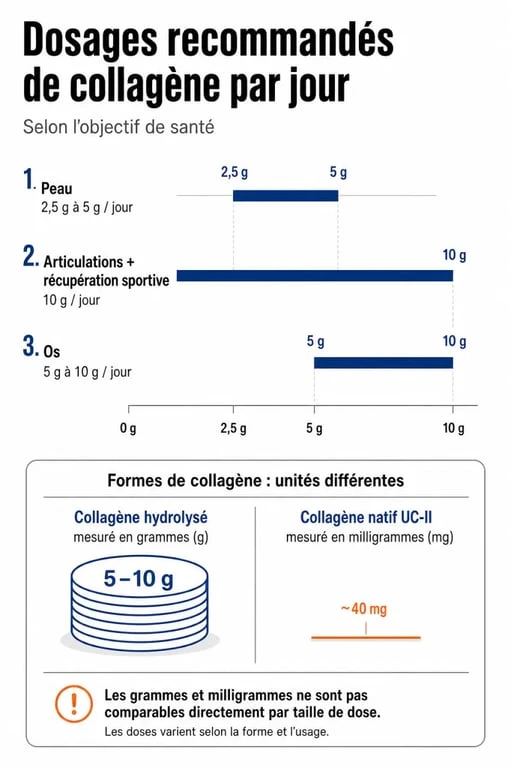 Infographie des dosages recommandés de collagène par jour selon les objectifs de santé et le type de collagène