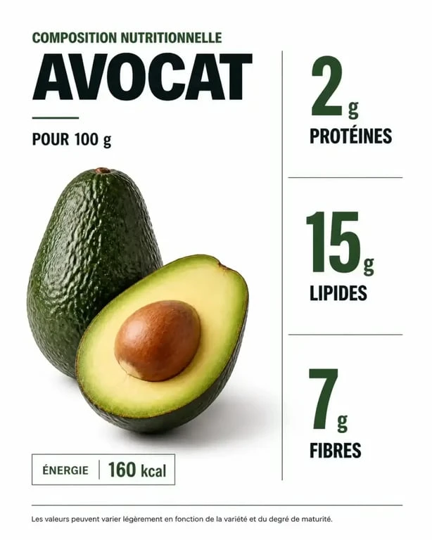 Infographie nutritionnelle montrant la teneur en protéines dans un avocat