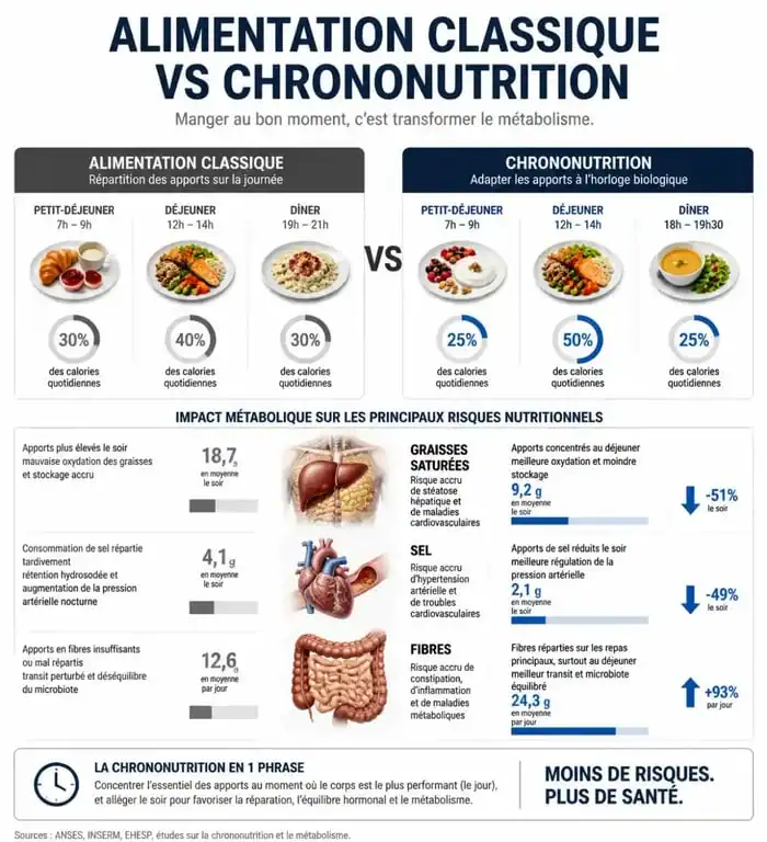 Infographie comparative des dangers de la chrononutrition et des apports d'une alimentation équilibrée