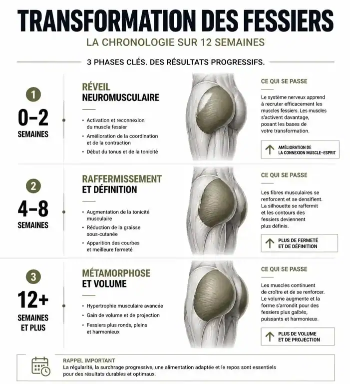 Infographie montrant les étapes de progression pour voir les muscles fessiers sur 12 semaines
