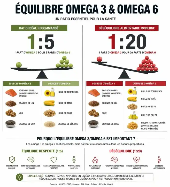 Infographie sur l'équilibre entre les oméga 3 et 6 et leurs sources alimentaires