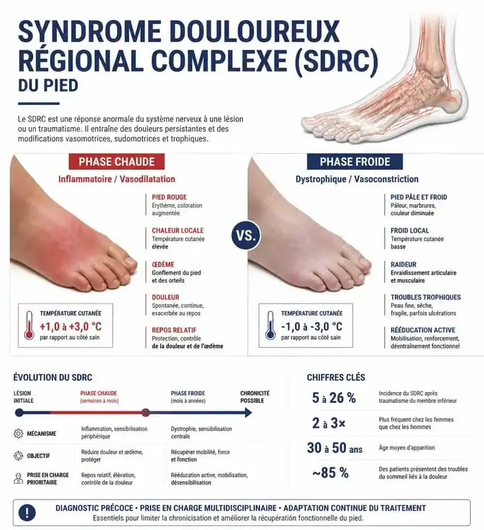 Infographie sur les phases et le traitement de l'algodystrophie du pied ou SDRC