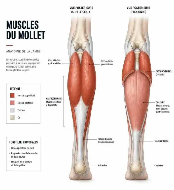 Schéma anatomique détaillé des muscles du mollet : triceps sural, gastrocnémiens et soléaire