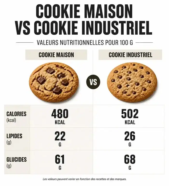 Comparatif nutritionnel : calories dans un cookie maison vs cookie industriel