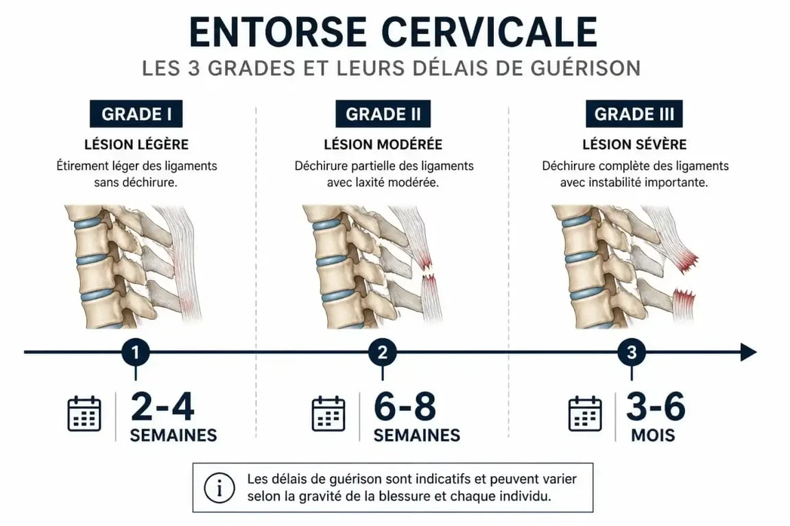 Infographie des délais de guérison d'une entorse cervicale selon la gravité de la lésion