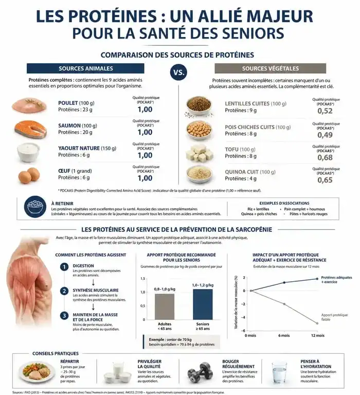 Infographie sur les aliments riches en protéines pour personnes âgées et la prévention de la sarcopénie