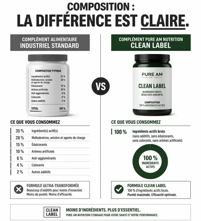 Infographie comparative : composition des compléments alimentaires Pure AM Nutrition vs standards industriels