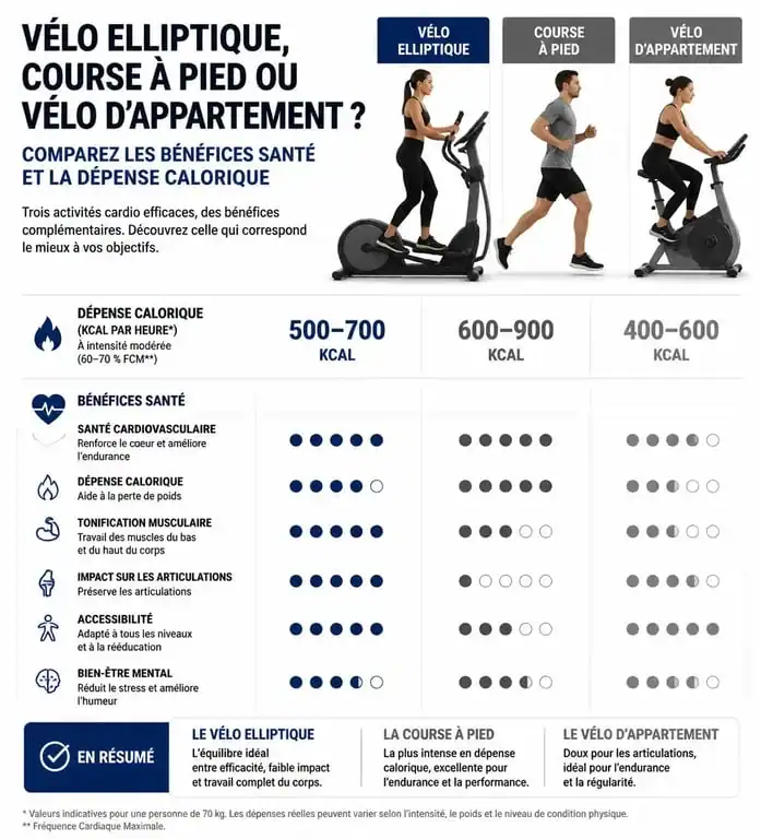 Infographie comparative des bénéfices santé et calories brûlées avec 30 minutes de vélo elliptique par jour