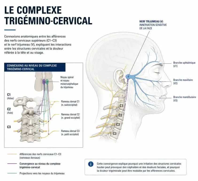 Schéma anatomique du complexe trigémino-cervical expliquant les maux de tête et cervicales
