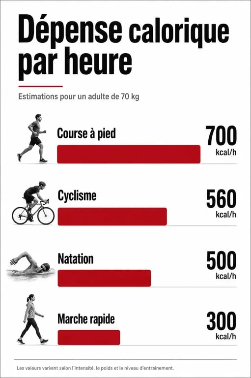 Infographie comparant la dépense calorique par heure pour brûler 1000 calories par jour selon l'activité physique