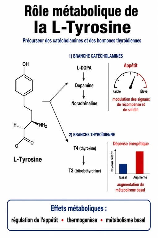 Infographie sur le rôle de la L-Tyrosine et la perte de poids : mécanismes métaboliques et hormonaux