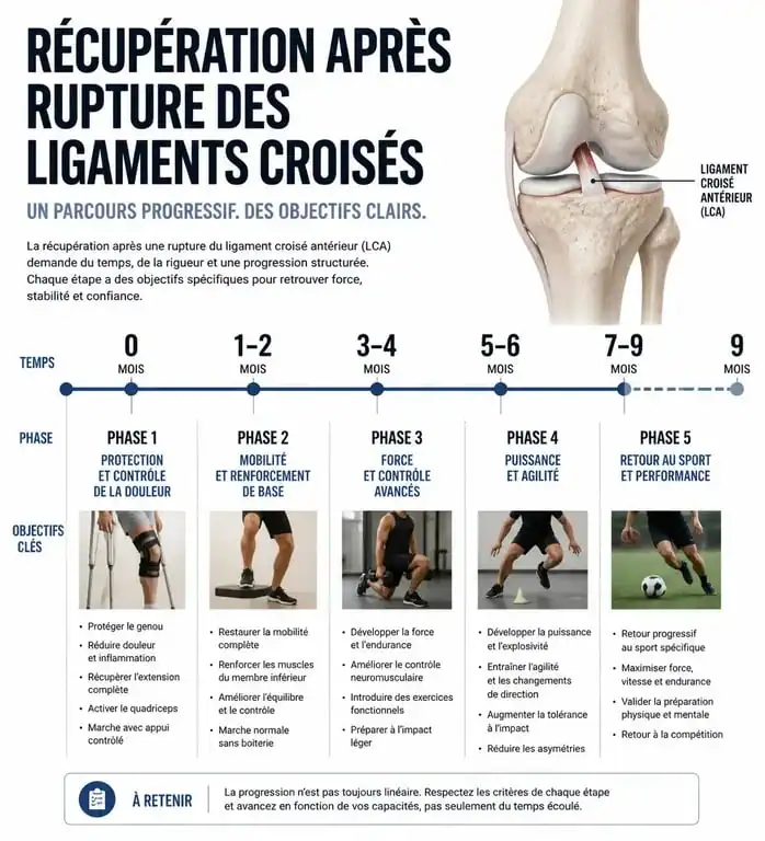 Infographie des étapes de récupération après une rupture des ligaments croisés du genou sur 9 mois