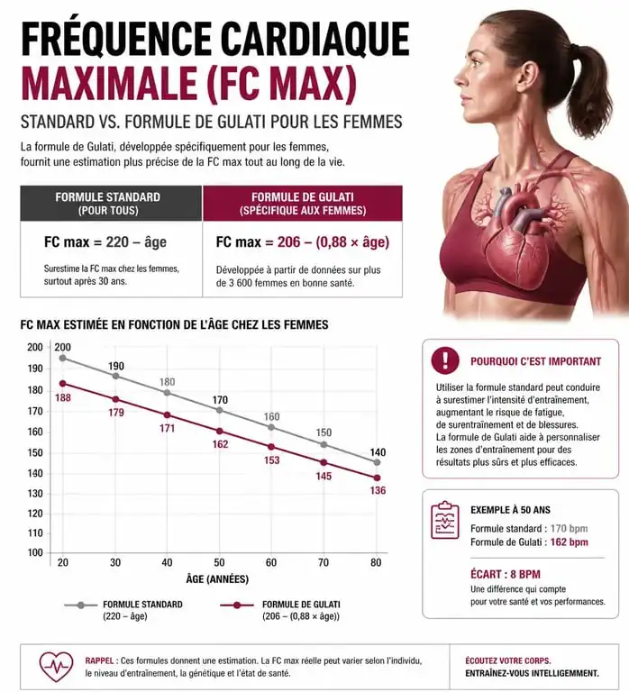 Infographie comparative des méthodes de calcul de la FC max pour femme