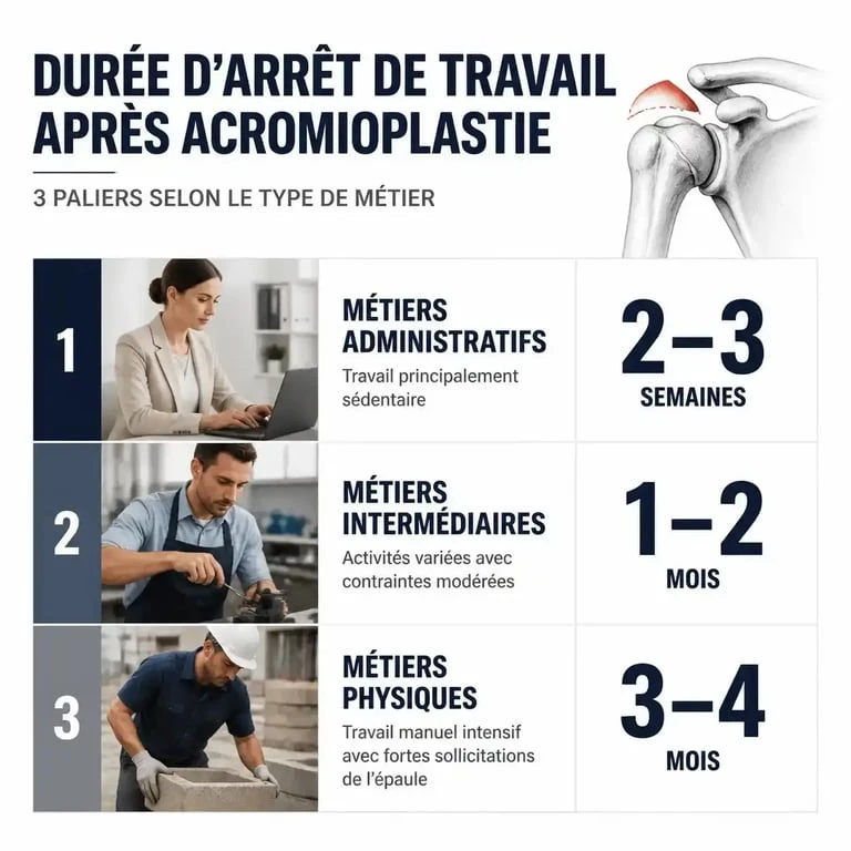 Infographie des délais de reprise du travail après une acromioplastie de l'épaule selon le type de métier