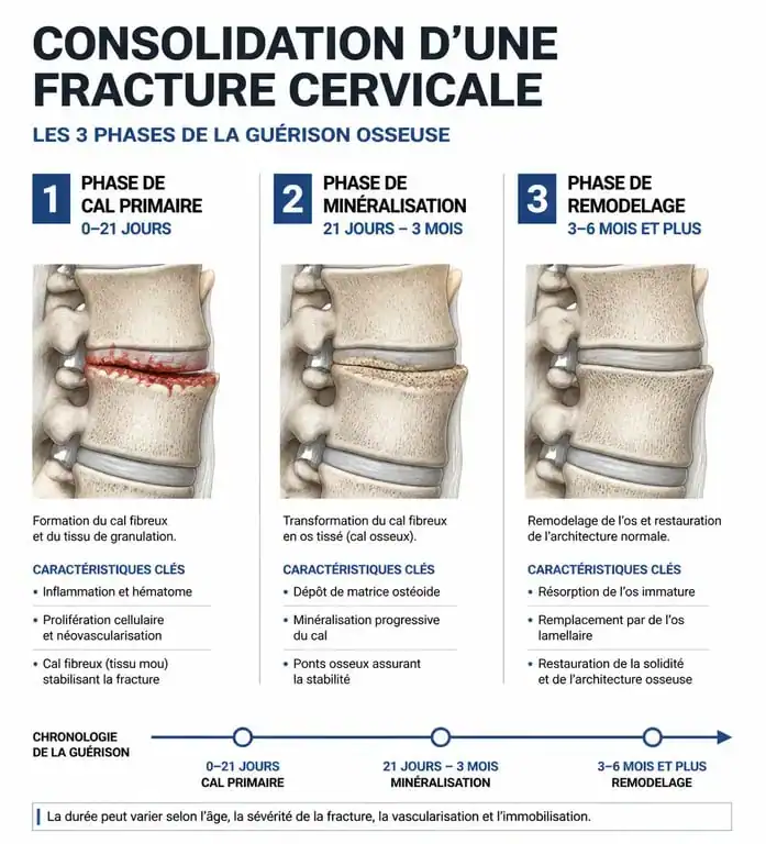 Infographie des étapes de guérison d'une fracture cervicale et temps de consolidation osseuse