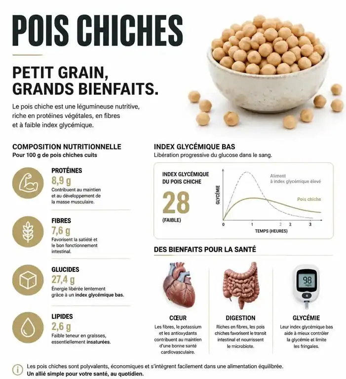 Infographie des bienfaits des pois chiches pour la santé, incluant les apports nutritionnels et les effets sur le cœur et la digestion