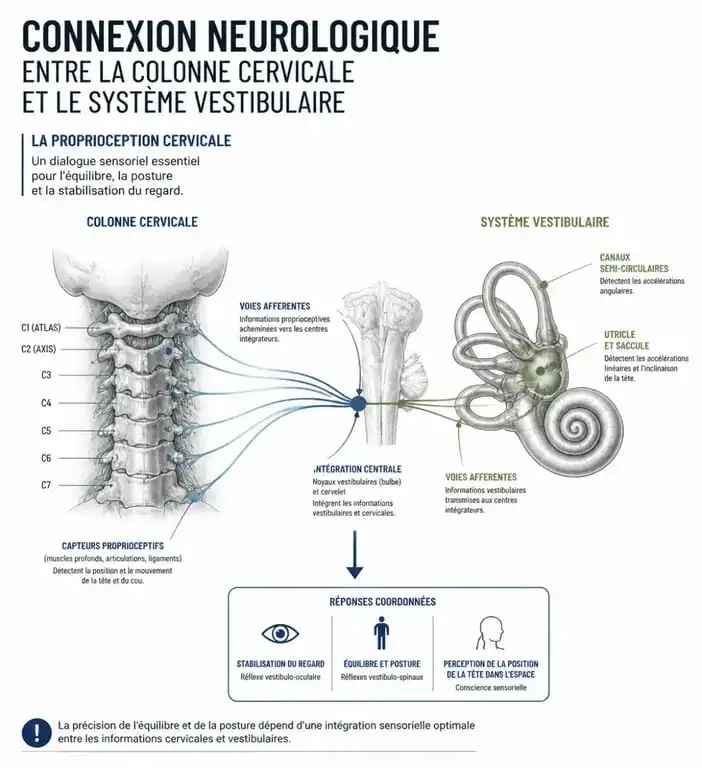 Schéma explicatif du mécanisme des vertiges cervicogéniques et du lien entre cervicales et vertiges