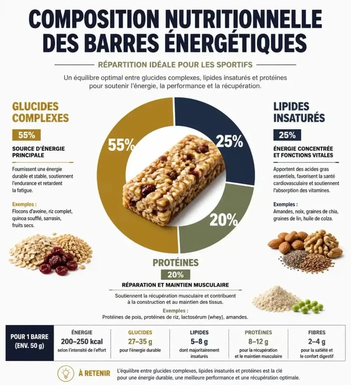 Infographie sur la composition nutritionnelle des barres énergétiques pour sportifs