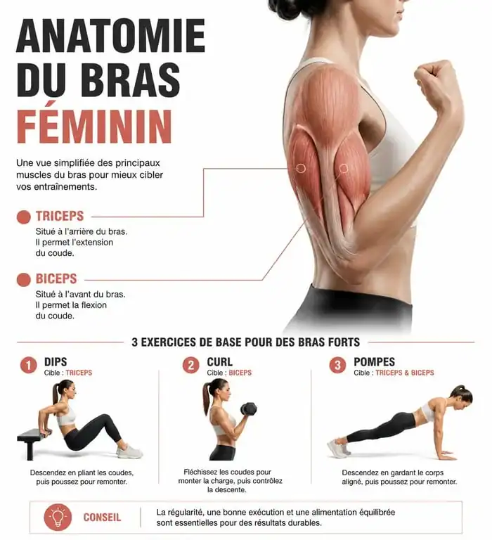 Infographie explicative sur la musculation des bras pour femme : anatomie et exercices clés