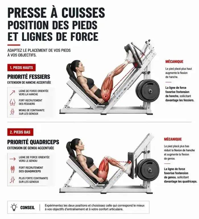 Schéma comparatif de la position des pieds sur presse à cuisses pour cibler les fessiers