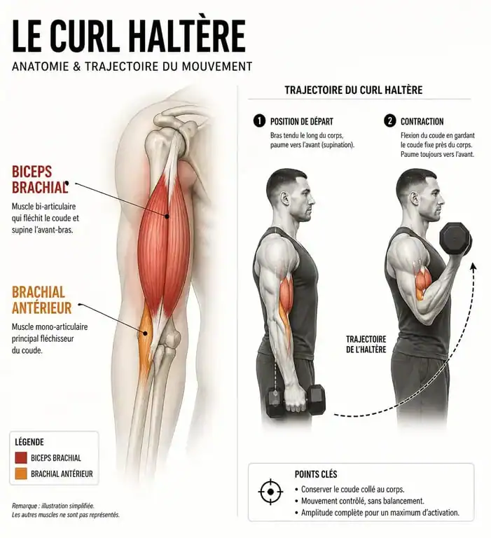 Schéma anatomique et technique pour l'exercice bicep avec haltère