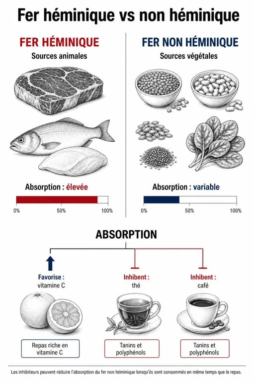 Infographie sur les aliments riches en fer et conseils pour optimiser l'absorption du fer héminique et non héminique