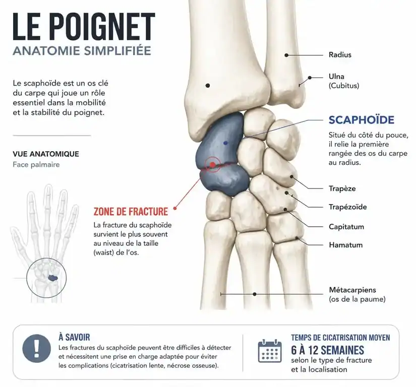Schéma anatomique du poignet et de l'os scaphoïde pour comprendre la fracture du scaphoïde