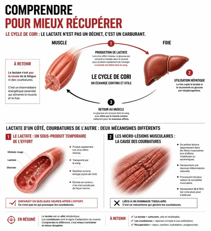 Infographie expliquant le rôle de l'acide lactique et du lactate dans le sport et la performance