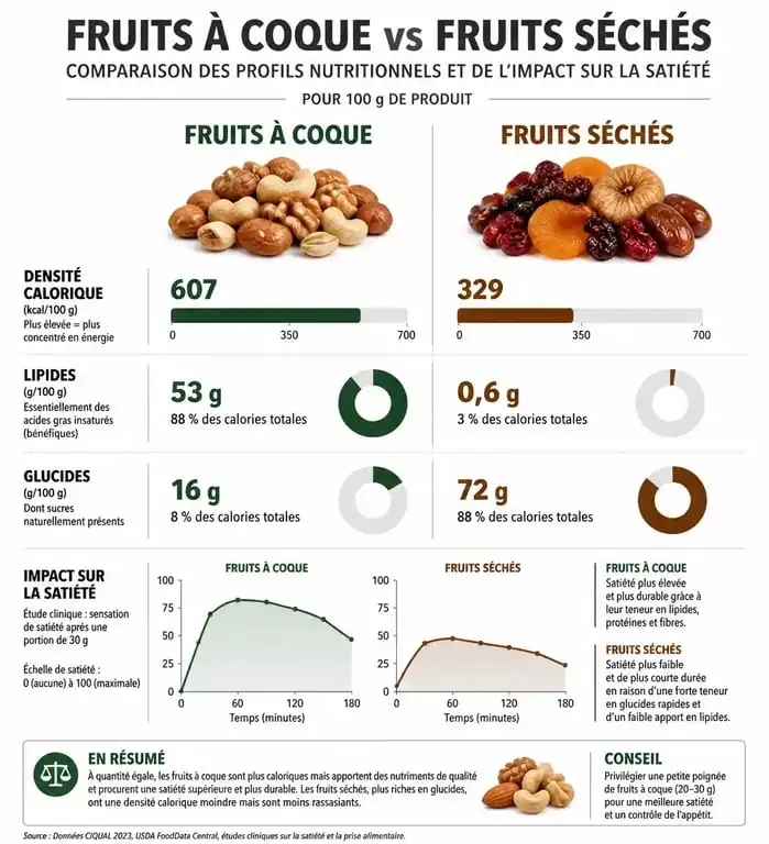 Infographie comparative des bienfaits et calories des fruits secs et oléagineux pour la gestion du poids